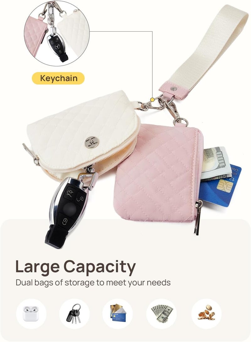Telena Mini Zip Around Wristlet Wallets for Women Coin Purse Keychain Dual Pouch Wallet Beige Pink - Image 3